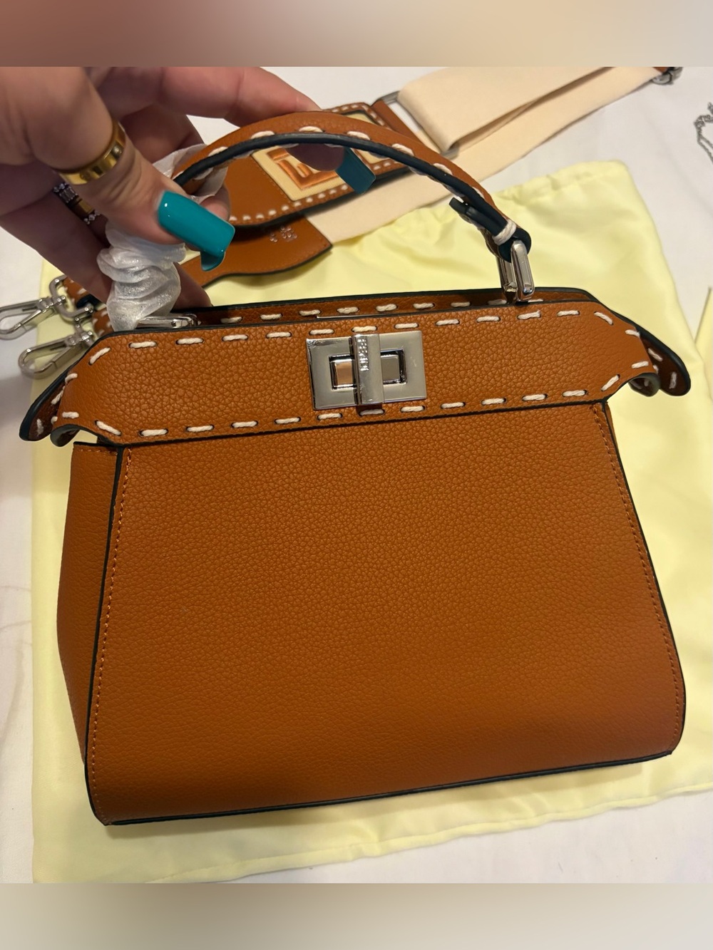 Fashion Tan Leather Peekaboo Crossbody With Cream Mono Canvas Guitar Strap - Picture 3 of 16